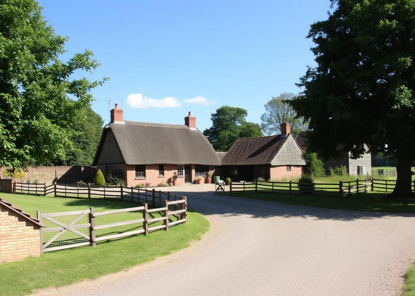 Hampshire thatched cottage and farm outbuildings on an arable estate