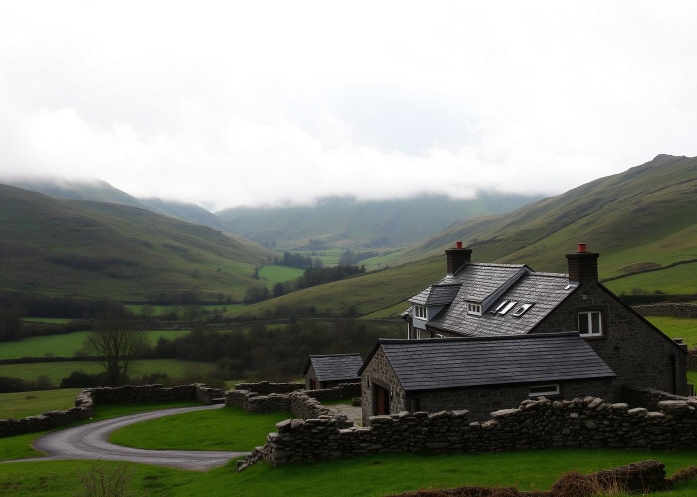 Welsh stone farmhouse with slate roof in a green valley