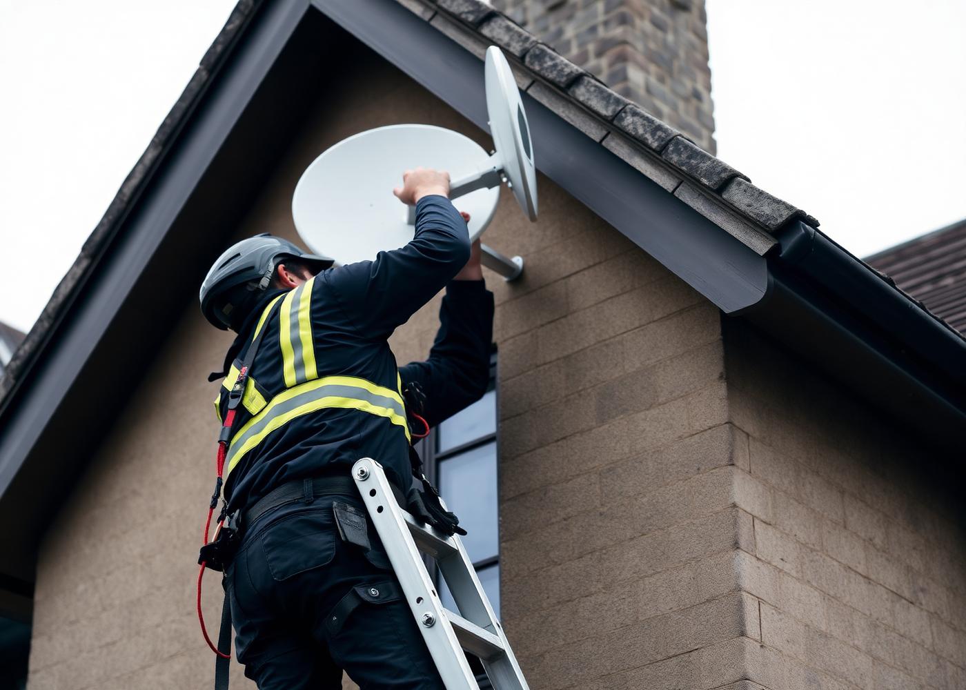 Installer fitting a satellite dish bracket to the eaves of a house